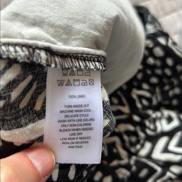 Tahari black off white elastic waist wide leg 100% linen boho tribal pants L - Picture 8 of 9